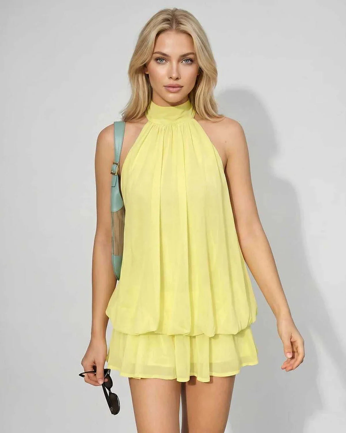 Yellow,light Blue,pink,white Round Neck Sleeveless Mini Dress | Formal Events & Celebrations, front view | Ramblion