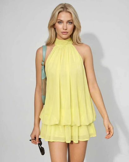 Yellow,light Blue,pink,white Round Neck Sleeveless Mini Dress | Formal Events & Celebrations, front view | Ramblion