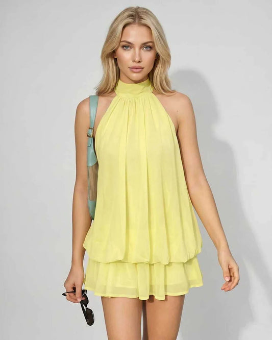Yellow,light Blue,pink,white Round Neck Sleeveless Mini Dress | Formal Events & Celebrations, front view | Ramblion