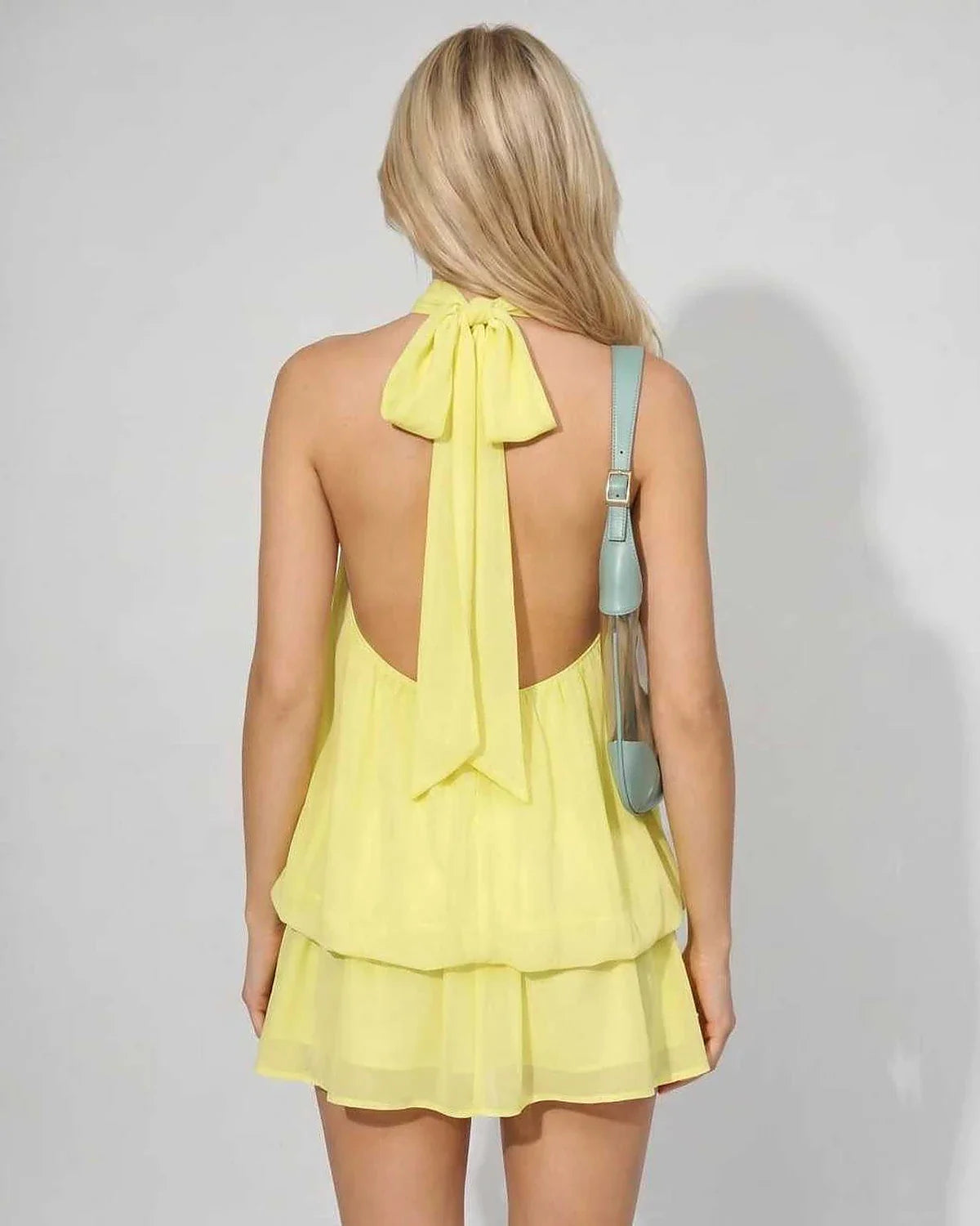 Yellow,light Blue,pink,white Round Neck Sleeveless Mini Dress | Formal Events & Celebrations, back view | Ramblion | SKU: RB-FB92F2-YELLOW-L,RB-FB92F2-YELLOW-M,RB-FB92F2-YELLOW-S,RB-FB92F2-YELLOW-XL,RB-FB92F2-YELLOW-XS