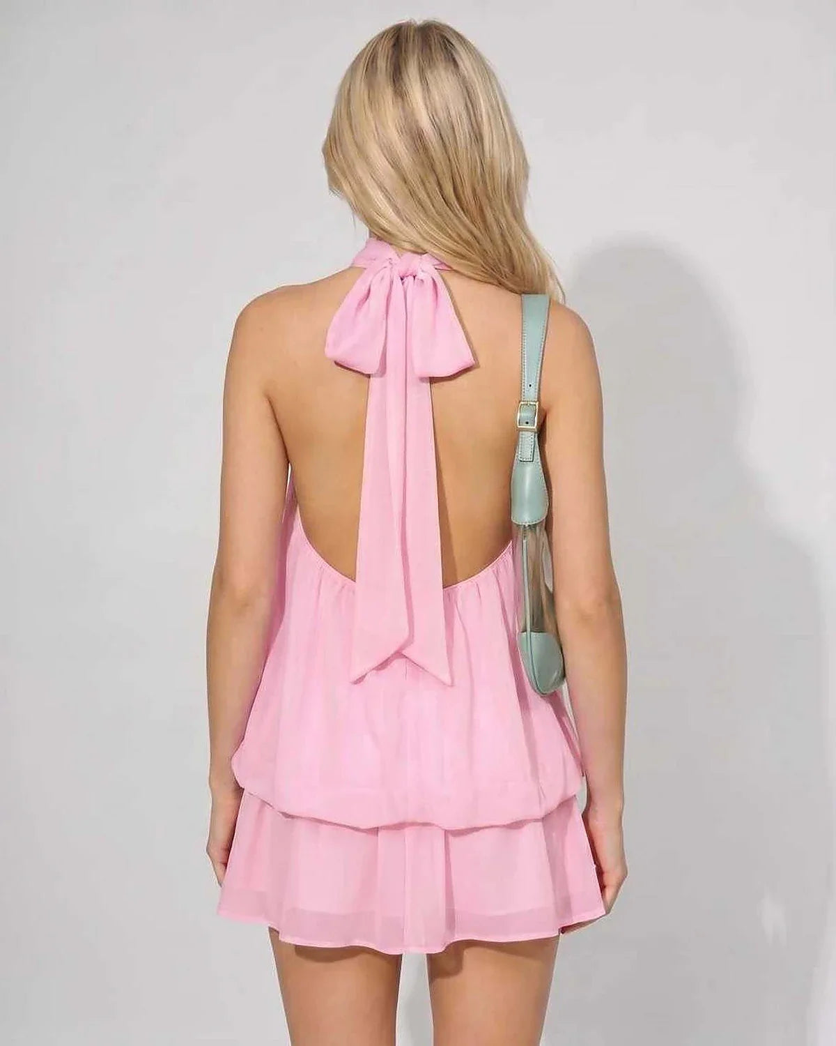 Yellow,light Blue,pink,white Round Neck Sleeveless Mini Dress | Formal Events & Celebrations, back view | Ramblion | SKU: RB-FB92F2-PINK-L,RB-FB92F2-PINK-M,RB-FB92F2-PINK-S,RB-FB92F2-PINK-XL,RB-FB92F2-PINK-XS