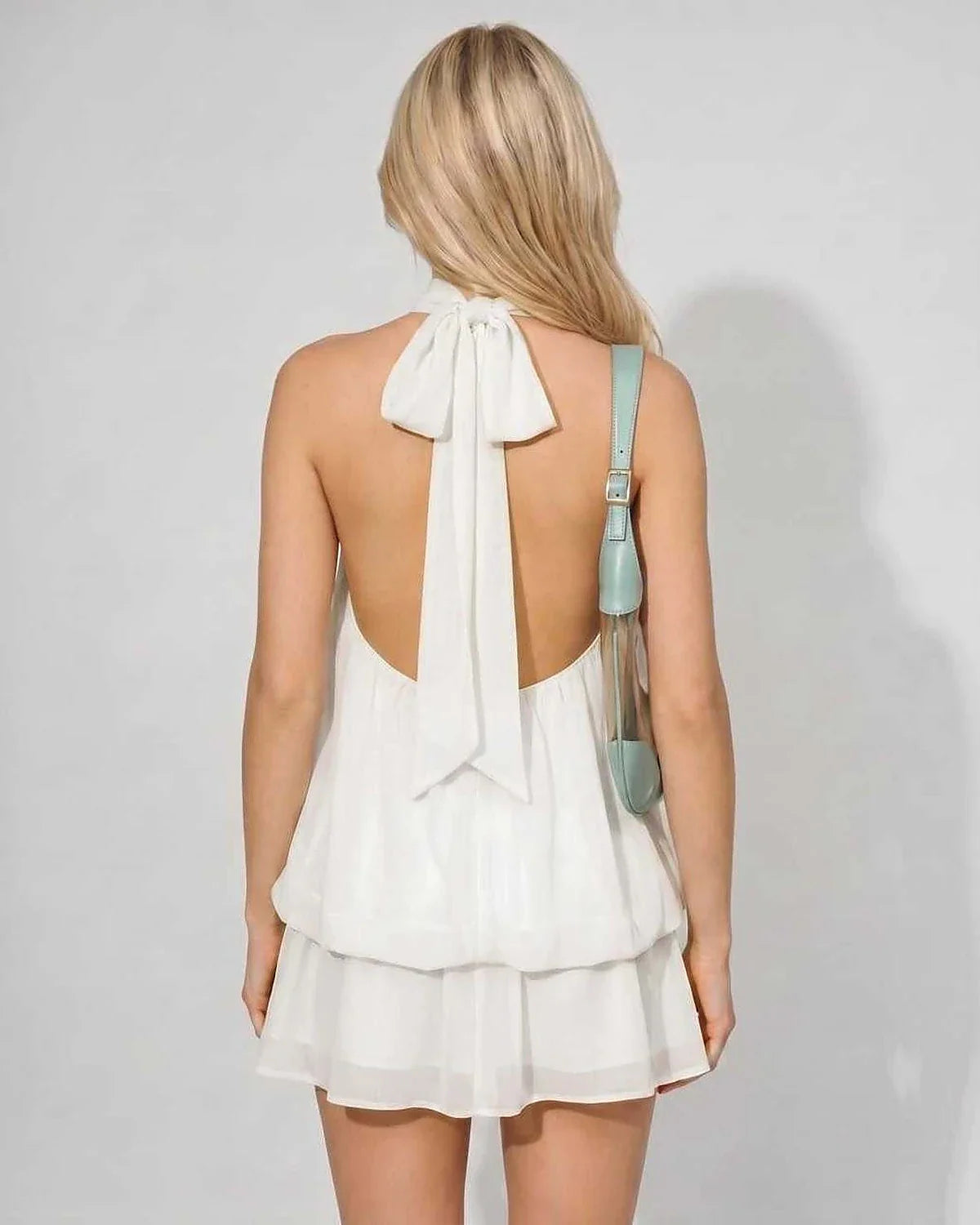 Yellow,light Blue,pink,white Round Neck Sleeveless Mini Dress | Formal Events & Celebrations, back view | Ramblion | SKU: RB-FB92F2-WHITE-L,RB-FB92F2-WHITE-M,RB-FB92F2-WHITE-S,RB-FB92F2-WHITE-XL,RB-FB92F2-WHITE-XS