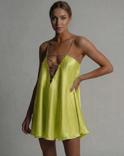 Yellow Satin A-line V-Neck Sleeveless Mini Dress | Evening Events, Evening Parties & Everyday Wear, front view | Ramblion | SKU: LMD-739201845-chartreuse-L-8747,LMD-739201845-chartreuse-M-6267,LMD-739201845-chartreuse-S-7340,LMD-739201845-chartreuse-XL-2359,LMD-739201845-chartreuse-XS-9606