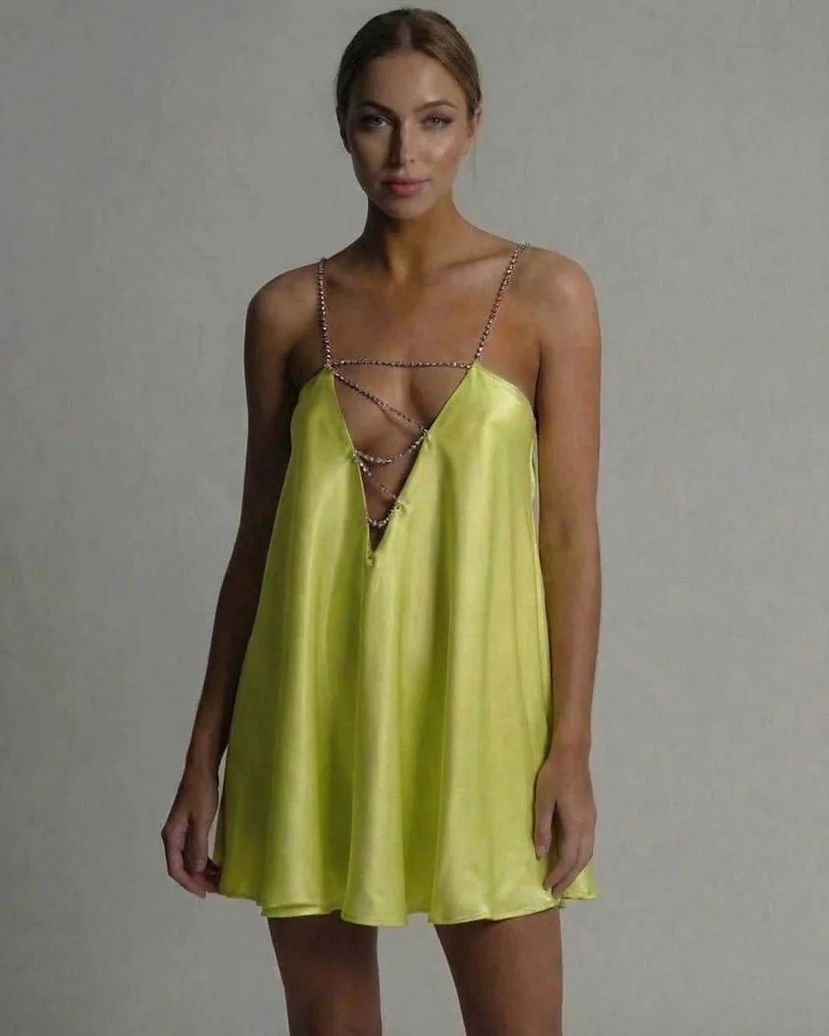 Yellow Satin A-line V-Neck Sleeveless Mini Dress | Evening Events, Evening Parties & Everyday Wear, front view | Ramblion | SKU: LMD-739201845-chartreuse-L-8747,LMD-739201845-chartreuse-M-6267,LMD-739201845-chartreuse-S-7340,LMD-739201845-chartreuse-XL-2359,LMD-739201845-chartreuse-XS-9606