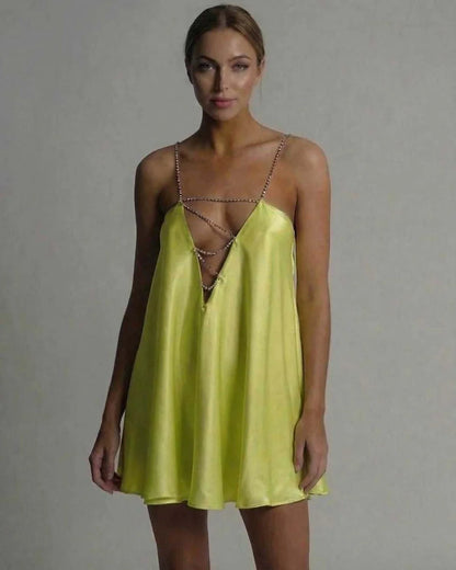 Yellow Satin A-line V-Neck Sleeveless Mini Dress | Evening Events, Evening Parties & Everyday Wear, front view | Ramblion | SKU: LMD-739201845-chartreuse-L-8747,LMD-739201845-chartreuse-M-6267,LMD-739201845-chartreuse-S-7340,LMD-739201845-chartreuse-XL-2359,LMD-739201845-chartreuse-XS-9606