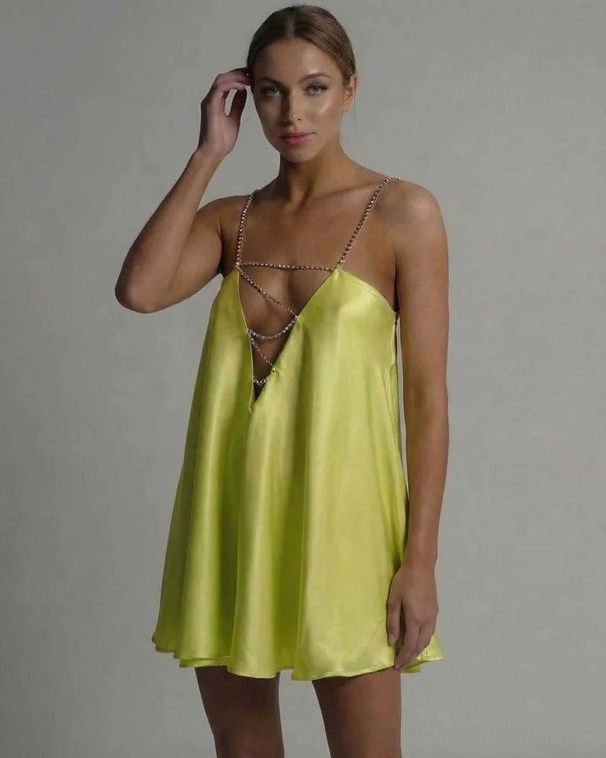 Yellow Satin A-line V-Neck Sleeveless Mini Dress | Evening Events, Evening Parties & Everyday Wear, front view | Ramblion | SKU: LMD-739201845-chartreuse-L-8747,LMD-739201845-chartreuse-M-6267,LMD-739201845-chartreuse-S-7340,LMD-739201845-chartreuse-XL-2359,LMD-739201845-chartreuse-XS-9606