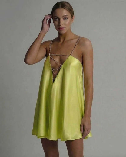Yellow Satin A-line V-Neck Sleeveless Mini Dress | Evening Events, Evening Parties & Everyday Wear, front view | Ramblion | SKU: LMD-739201845-chartreuse-L-8747,LMD-739201845-chartreuse-M-6267,LMD-739201845-chartreuse-S-7340,LMD-739201845-chartreuse-XL-2359,LMD-739201845-chartreuse-XS-9606