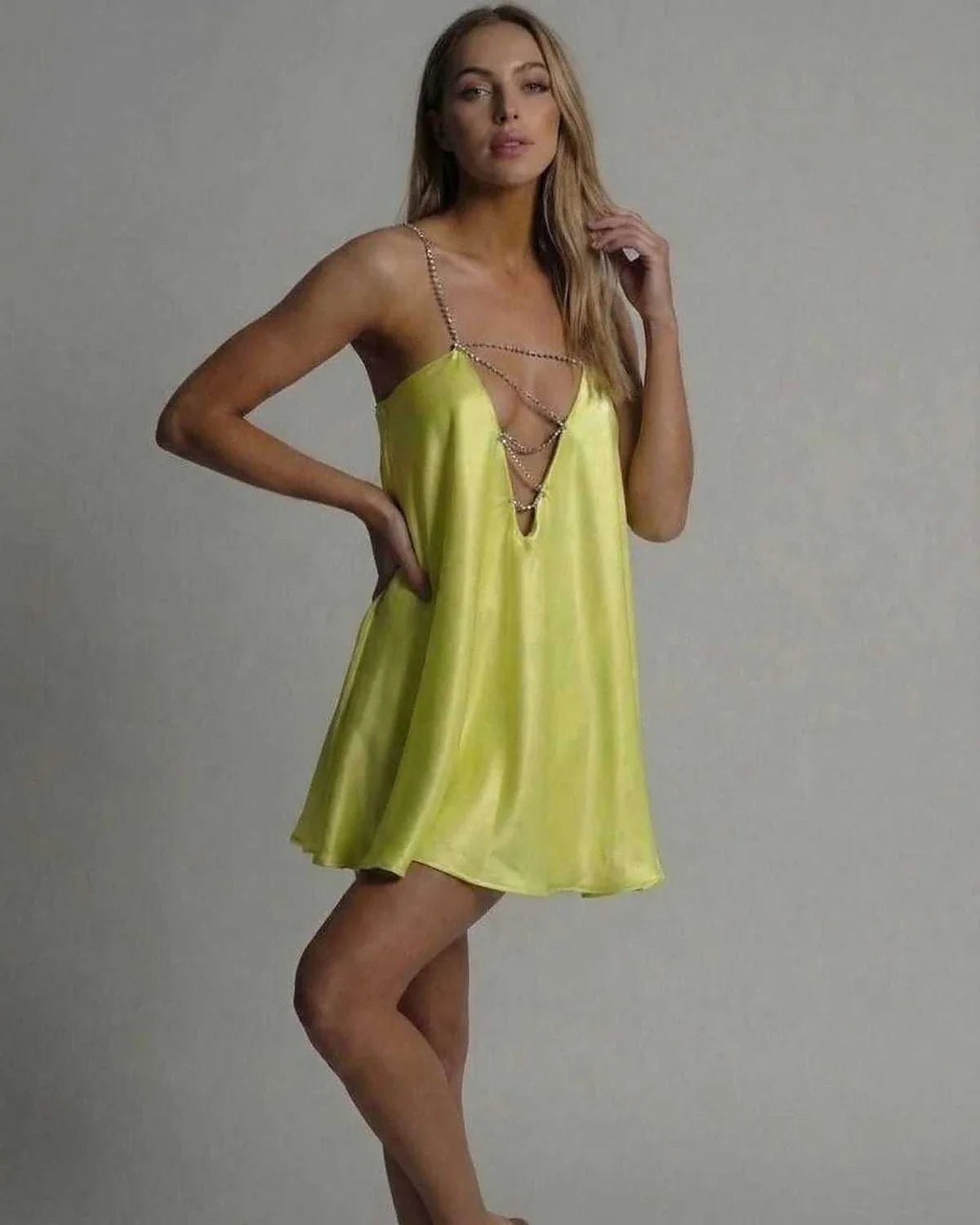 Yellow Satin A-line V-Neck Sleeveless Mini Dress | Evening Events, Evening Parties & Everyday Wear, front view | Ramblion | SKU: LMD-739201845-chartreuse-L-8747,LMD-739201845-chartreuse-M-6267,LMD-739201845-chartreuse-S-7340,LMD-739201845-chartreuse-XL-2359,LMD-739201845-chartreuse-XS-9606
