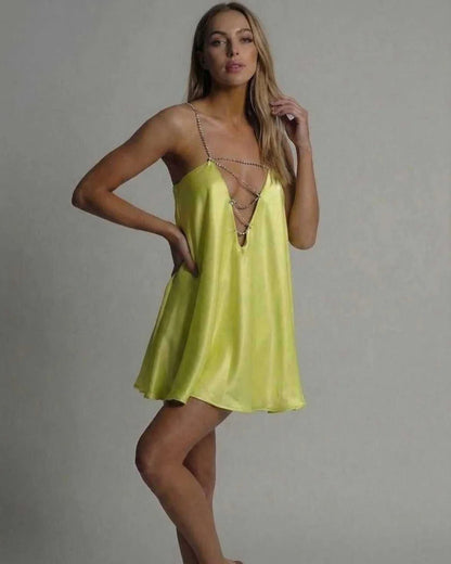 Yellow Satin A-line V-Neck Sleeveless Mini Dress | Evening Events, Evening Parties & Everyday Wear, front view | Ramblion | SKU: LMD-739201845-chartreuse-L-8747,LMD-739201845-chartreuse-M-6267,LMD-739201845-chartreuse-S-7340,LMD-739201845-chartreuse-XL-2359,LMD-739201845-chartreuse-XS-9606
