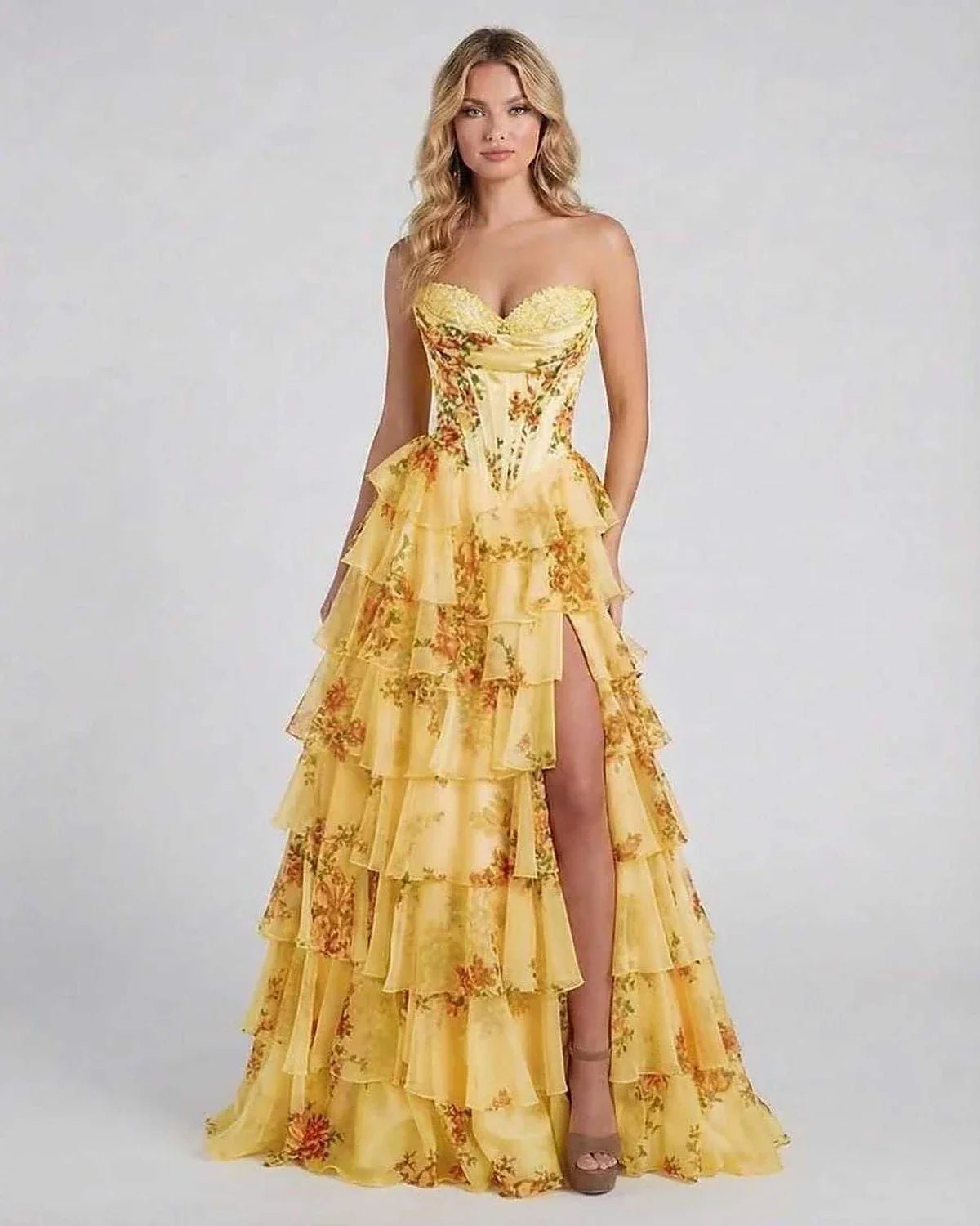 Yellow Satin Gown Square Neck Sleeveless Maxi Dress | Formal Events & Guest of Wedding, front view | Ramblion | SKU: AMD-583729164-yellow-L-1545,AMD-583729164-yellow-M-4879,AMD-583729164-yellow-S-6854,AMD-583729164-yellow-XL-6073,AMD-583729164-yellow-XS-5237