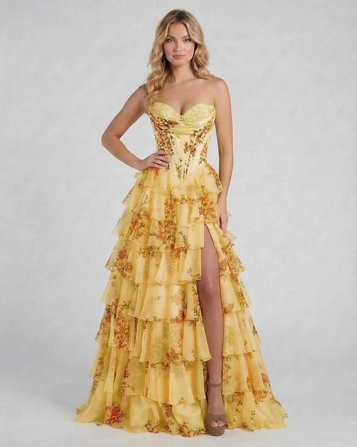 Yellow Satin Gown Square Neck Sleeveless Maxi Dress | Formal Events & Guest of Wedding, front view | Ramblion | SKU: AMD-583729164-yellow-L-1545,AMD-583729164-yellow-M-4879,AMD-583729164-yellow-S-6854,AMD-583729164-yellow-XL-6073,AMD-583729164-yellow-XS-5237