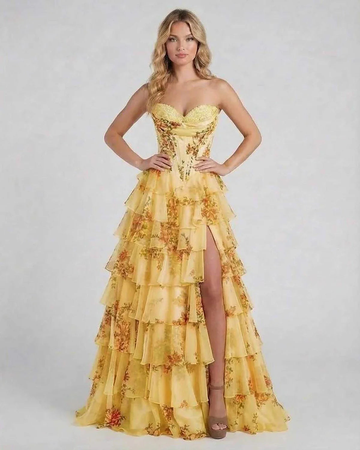 Yellow Satin Gown Square Neck Sleeveless Maxi Dress | Formal Events & Guest of Wedding, front view | Ramblion | SKU: AMD-583729164-yellow-L-1545,AMD-583729164-yellow-M-4879,AMD-583729164-yellow-S-6854,AMD-583729164-yellow-XL-6073,AMD-583729164-yellow-XS-5237