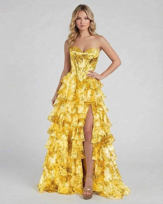 Yellow Satin Wrap Sweetheart Sleeveless Maxi Dress | Formal Events, Night Out, Weddings & Everyday Wear, front view | Ramblio