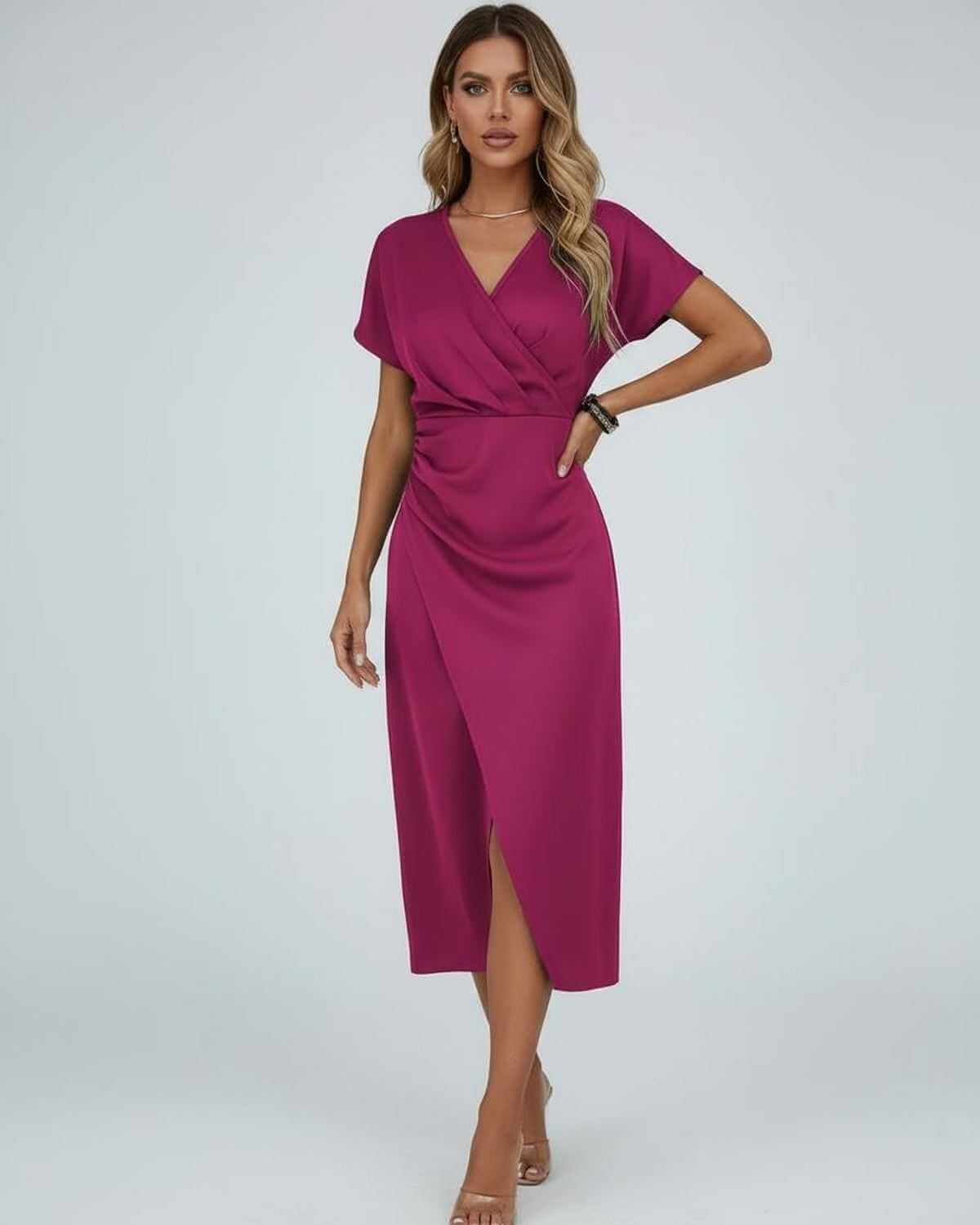 Magenta Satin Wrap Wrap Neck Sleeveless Midi Dress