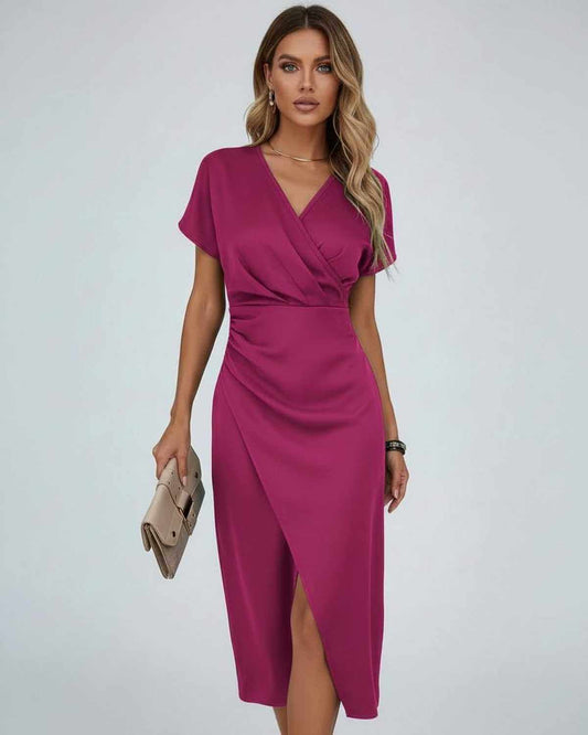 Yema Midi Dress in soft pink satin, V-neck, elegant silhouette perfect for upscale occasions, RAMBLION brand.