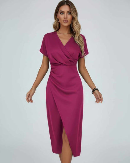 Yema Midi Dress in soft pink, V neck, elegant short sleeves, perfect for sophisticated occasions, by RAMBLION.