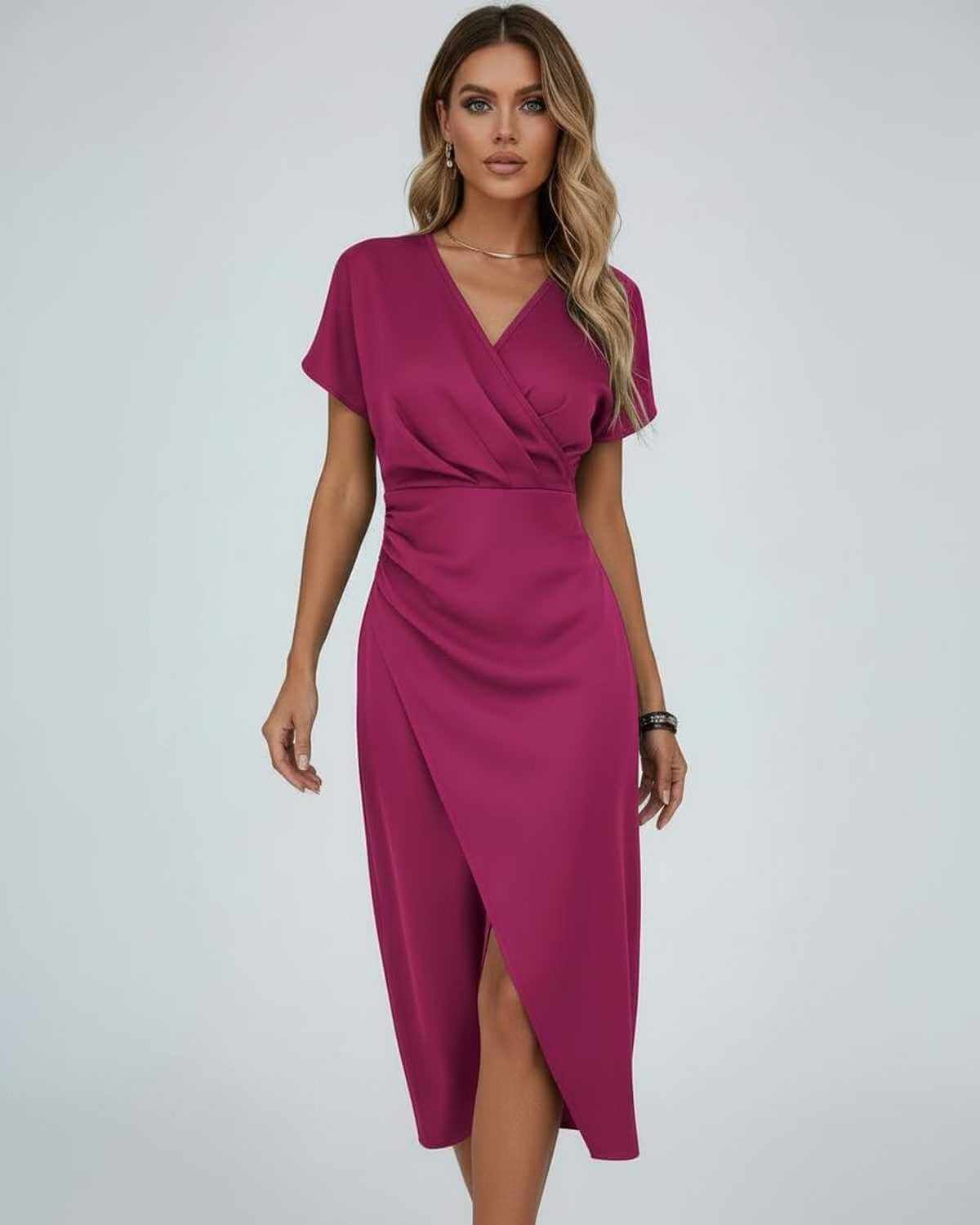 Yema Midi Dress in vibrant pink satin with V-neck, perfect for elegant occasions. By RAMBLION.