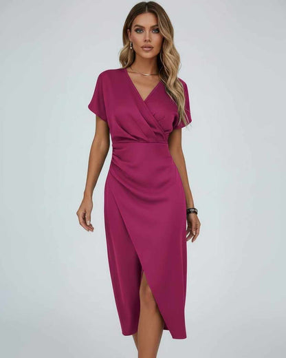 Yema Midi Dress in vibrant pink satin with V-neck, perfect for elegant occasions. By RAMBLION.