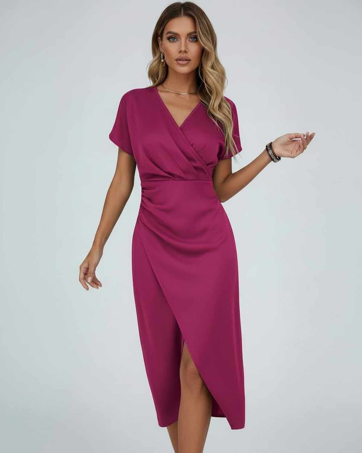 Yema Midi Dress in soft pink, featuring V-neckline, short sleeves, for a chic feel by RAMBLION.