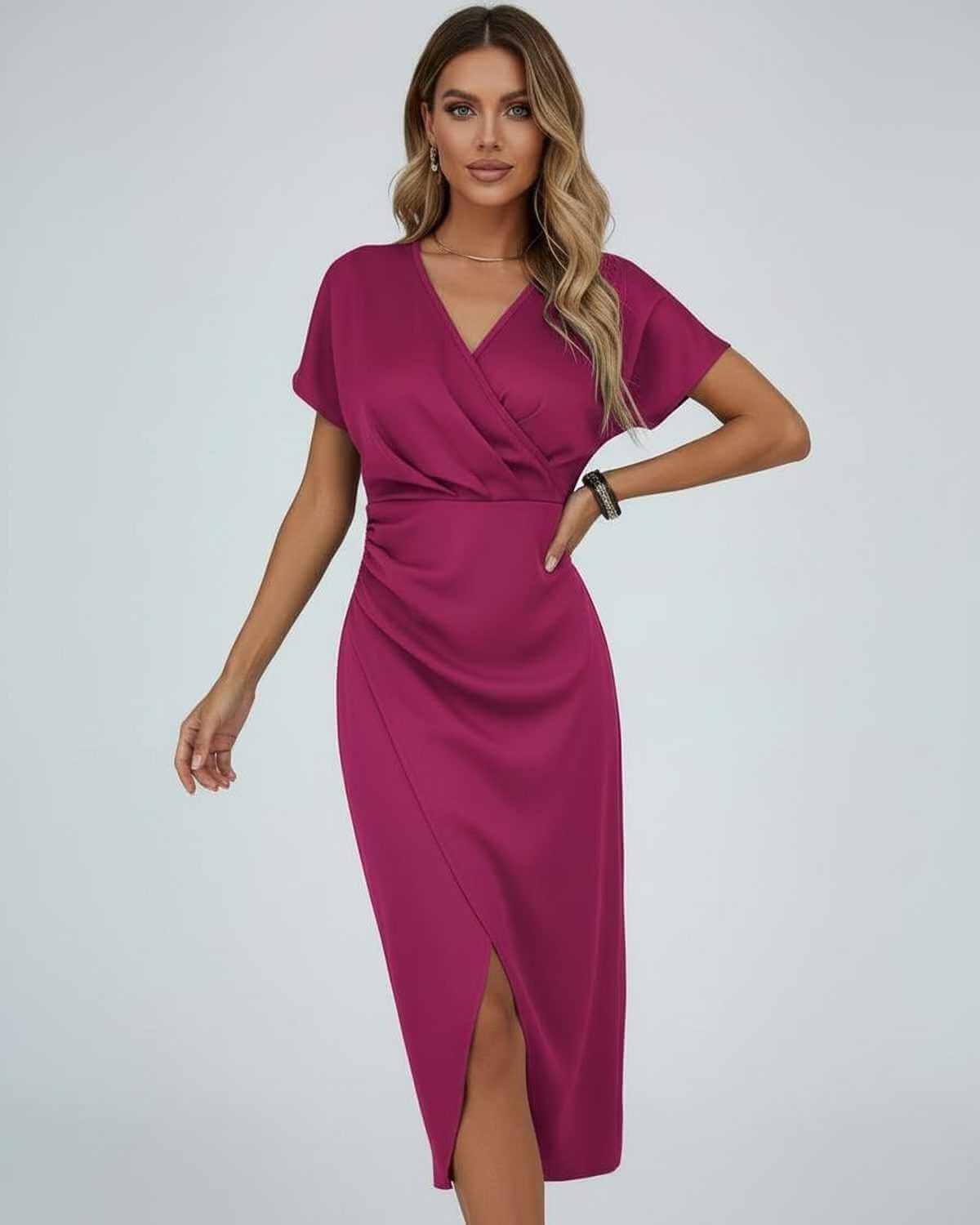 Yema Midi Dress in rich magenta, featuring V neckline, elegant sleeves, and stylish slit, ideal for sophisticated occasions by RAMBLION.