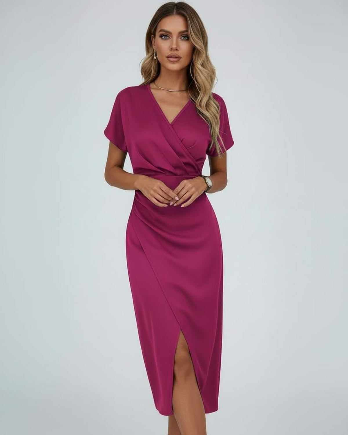 Yema Midi Dress in soft pink, featuring a V-neck and elegant silhouette, perfect for special occasions by RAMBLION.