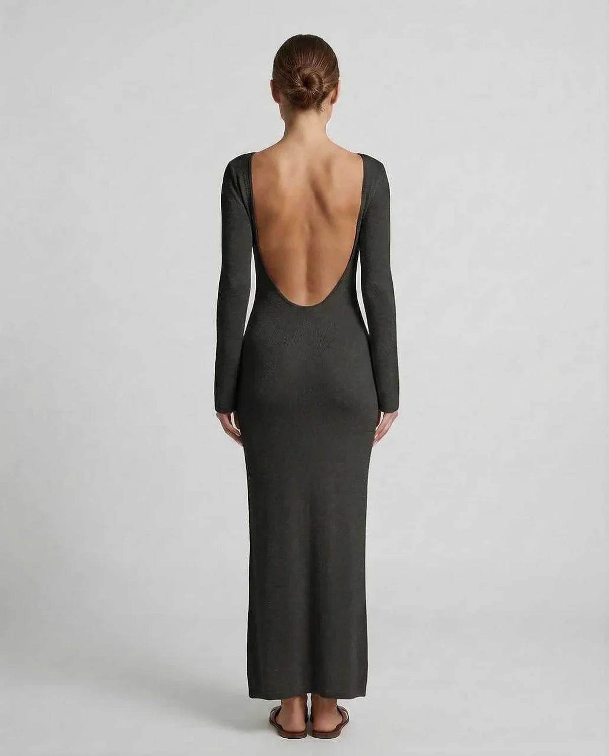 Black Satin Bodycon V-Neck Long Sleeve Maxi Dress | Evening Events & Party Nights, back view | Ramblion | SKU: ELD-593847201-black-L-8639,ELD-593847201-black-M-8094,ELD-593847201-black-S-2437,ELD-593847201-black-XL-5899,ELD-593847201-black-XS-2593