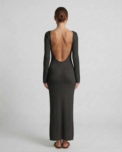 Black Satin Bodycon V-Neck Long Sleeve Maxi Dress | Evening Events & Party Nights, back view | Ramblion | SKU: ELD-593847201-black-L-8639,ELD-593847201-black-M-8094,ELD-593847201-black-S-2437,ELD-593847201-black-XL-5899,ELD-593847201-black-XS-2593