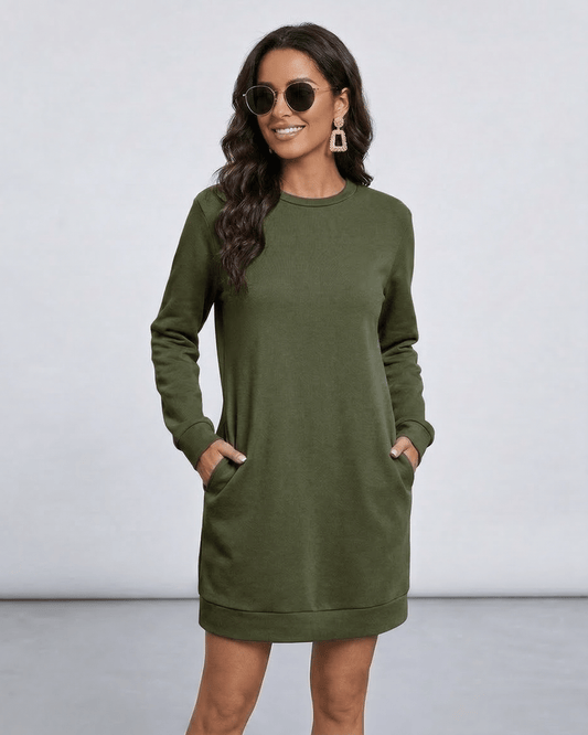 Yena Mini Dress in green, 100% cotton, relaxed fit, perfect for layering and casual occasions by RAMBLION.