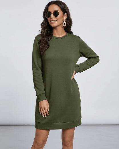 Yena Mini Dress in green, 100% cotton, relaxed silhouette, elegant style, perfect for year-round wear, RAMBLION brand.