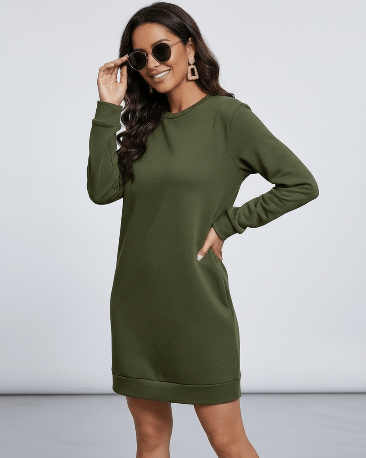 Yena Mini Dress by RAMBLION in green, 100% cotton, crew neck, casual style for year-round wear, relaxed fit.