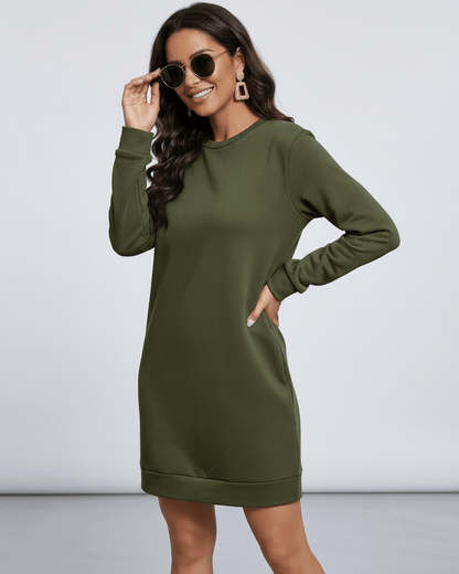 Yena Mini Dress by RAMBLION in green, 100% cotton, crew neck, casual style for year-round wear, relaxed fit.