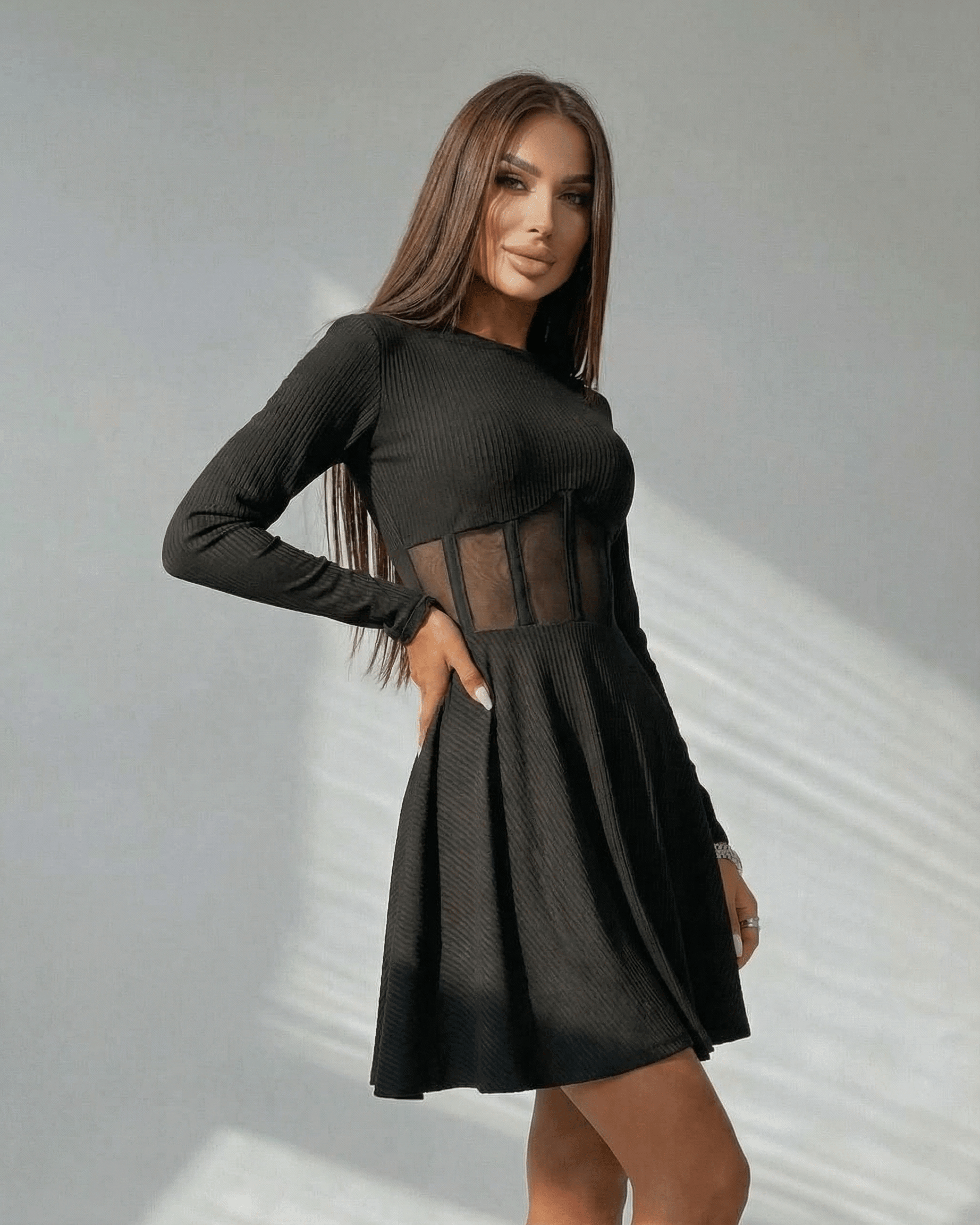 Yera Mini Dress featuring a sheer corset panel, A-line design, perfect for chic occasions, by RAMBLION.