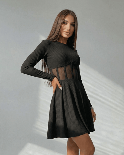 Yera Mini Dress featuring a sheer corset panel, A-line design, perfect for chic occasions, by RAMBLION.