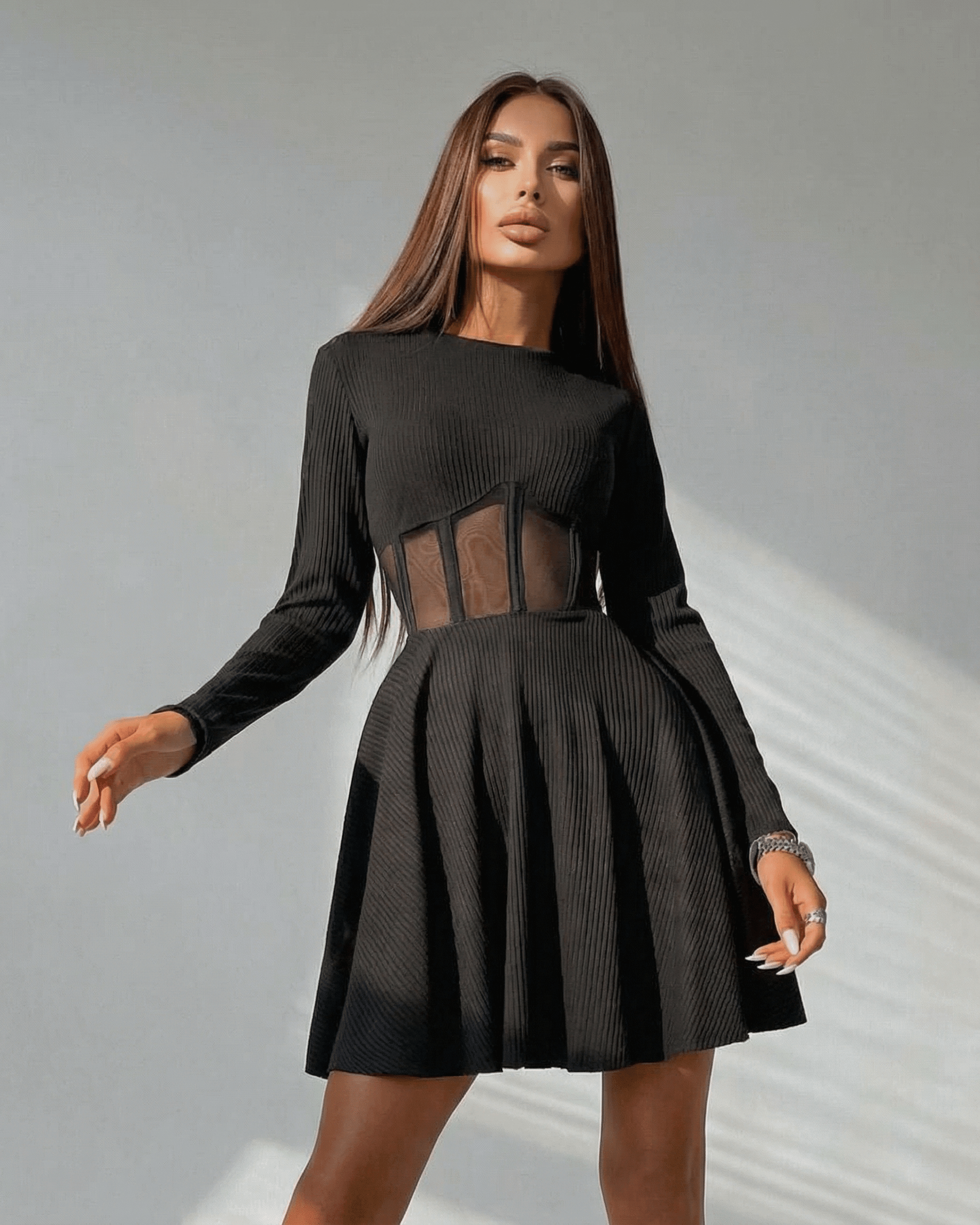 Yera Mini Dress featuring a chic A-line design, sheer corset panel, soft feel, perfect for elegant occasions by RAMBLION.