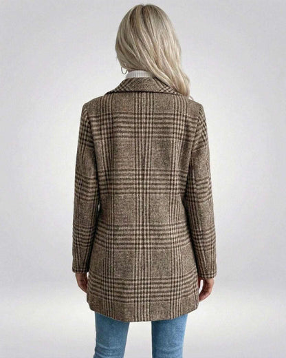 Back view of Yeva Jacket in plaid, showcasing its stylish tailored design, perfect for everyday occasions, by RAMBLION.