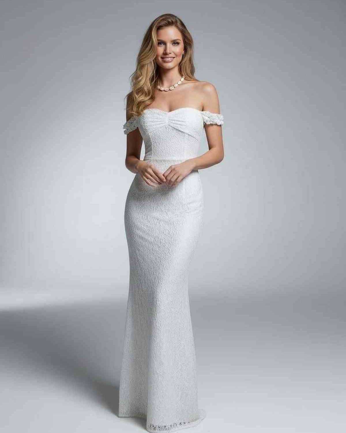 Yia Maxi Dress by RAMBLION, white ankle-length dress, off-shoulder style, ideal for summer soirées and formal events.