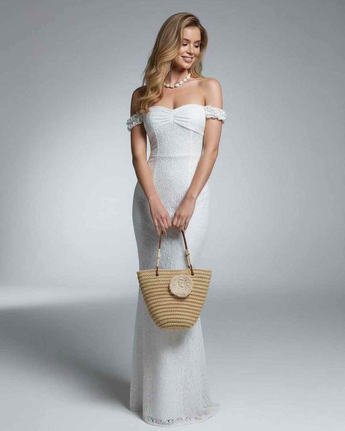 Yia Maxi Dress in white satin, off-shoulder neckline, perfect for summer events, by RAMBLION.