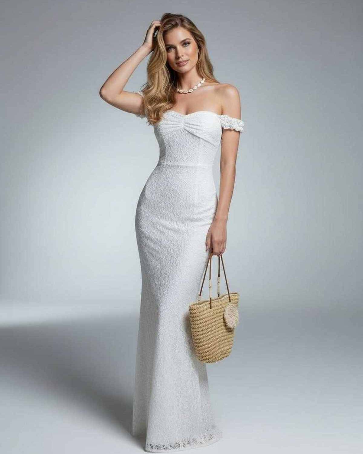 Yia Maxi Dress in white, ankle-length, off-shoulder, perfect for summer soirées, by RAMBLION.