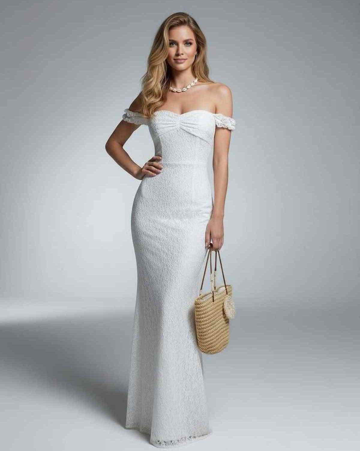 Yia Maxi Dress off-shoulder ankle-length gown by RAMBLION, made of polyester satin, perfect for summer events.