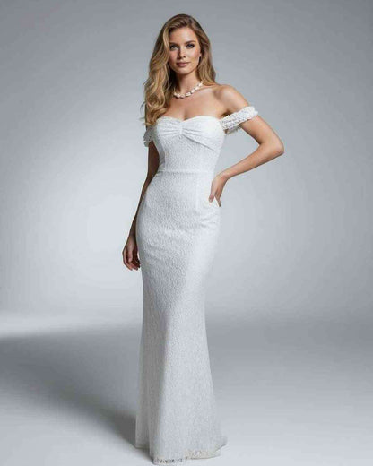Yia Maxi Dress by RAMBLION, off-shoulder ankle-length, white satin, lace detailing, perfect for summer soirées.