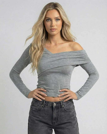 Yima Top | Grey Mini Dress with elegant off-the-shoulder design, soft fit, ideal for chic occasions by RAMBLION.