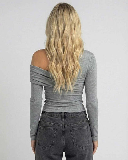 Yima Top in grey, off-the-shoulder design, chic silhouette, perfect for casual occasions, by RAMBLION.
