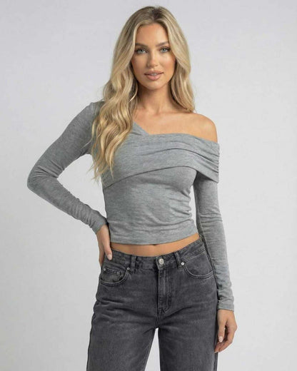 Yima Top - Grey mini dress with off-the-shoulder design, long sleeves, chic silhouette, RAMBLION brand.