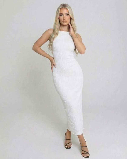 Yina Maxi Dress by RAMBLION, elegant white ankle-length satin, round neck, breathable fabric for special occasions.