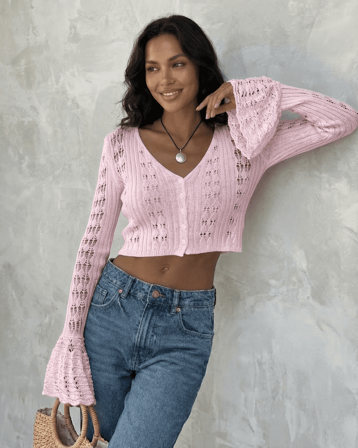 Pink Cotton Cardigan, front view | Ramblion | SKU: BC-30491-pink-L-2903,BC-30491-pink-M-7200,BC-30491-pink-S-9434,BC-30491-pink-XL-337,BC-30491-pink-XS-9796