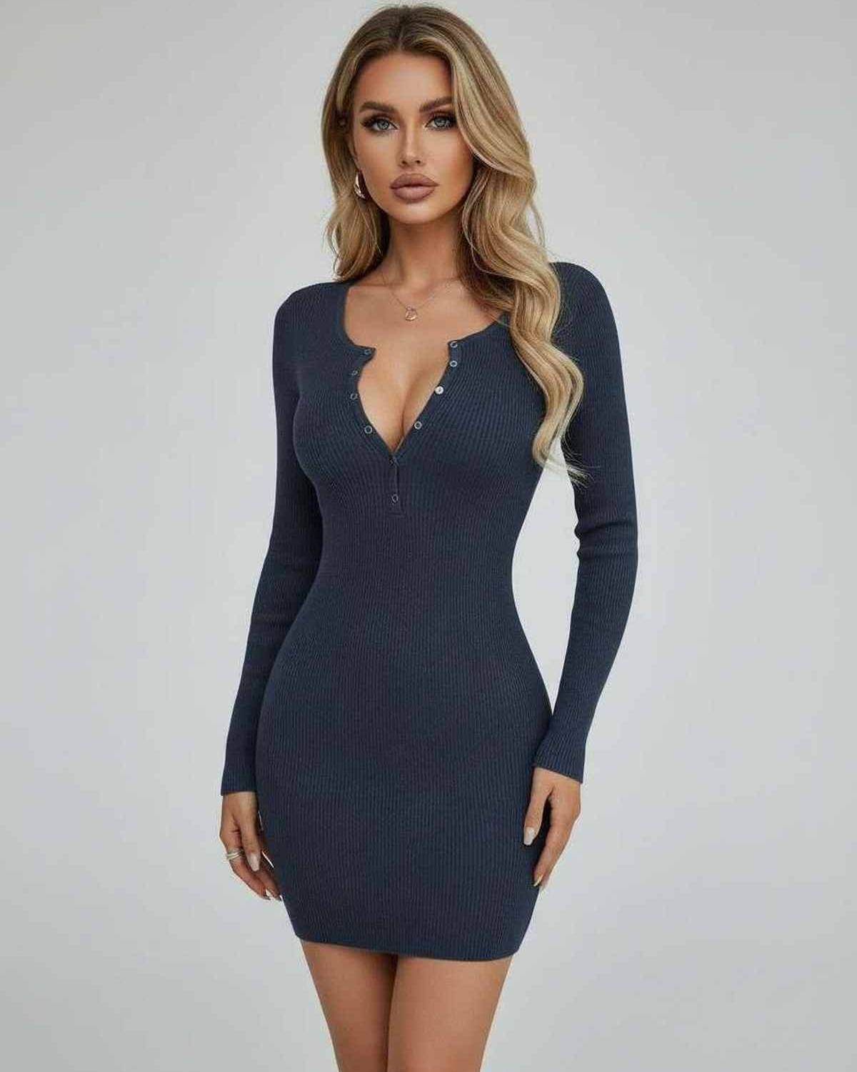 Yira Mini Dress by RAMBLION, chic blue ribbed knit, perfect for casual or elegant occasions.