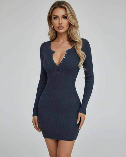 Yira Mini Dress by RAMBLION, chic blue ribbed knit, perfect for casual or elegant occasions.