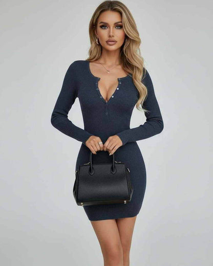 Yira Mini Dress featuring ribbed knit fabric, blue color, stylish round neck, perfect for casual or elegant occasions, RAMBLION brand.