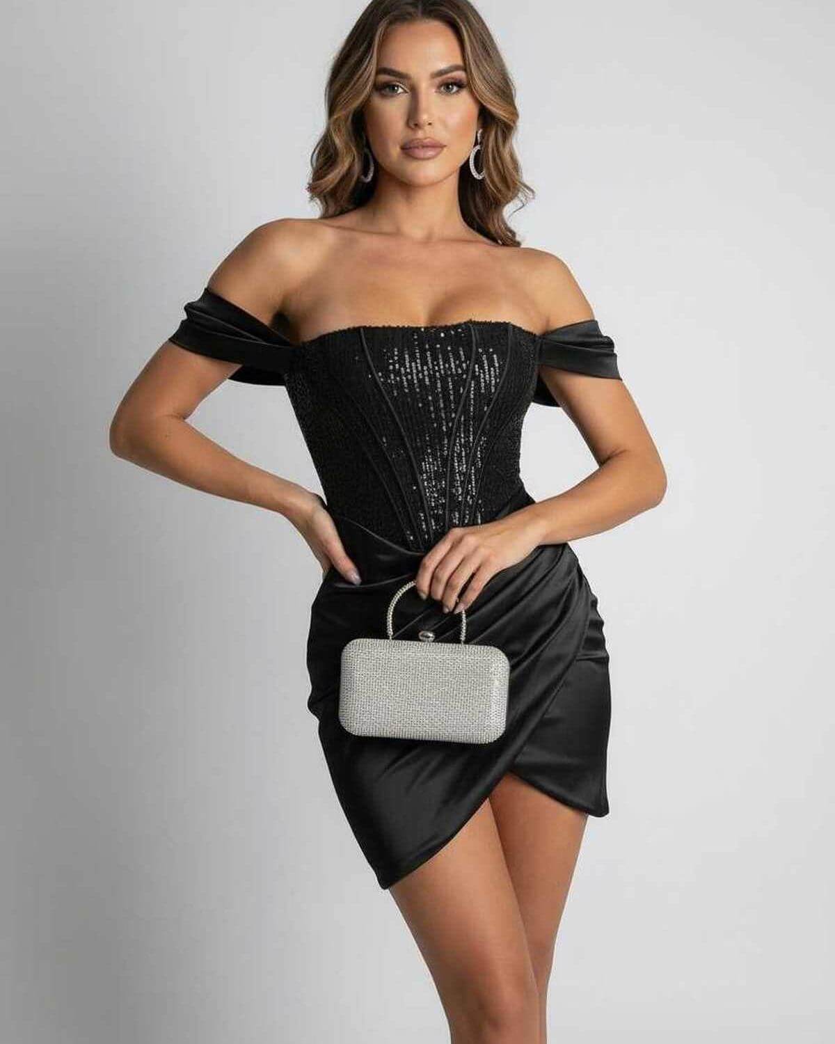 Yixa Mini Dress featuring an off-shoulder sequin corset bodice, sleek satin wrap skirt, perfect for elegant occasions.