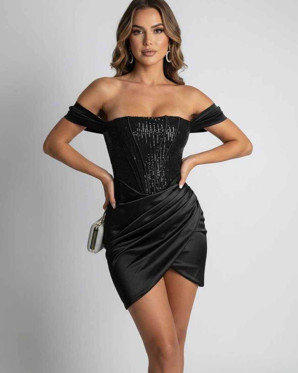 Yixa Mini Dress - Black satin off-shoulder dress with sequin corset and sleek wrap skirt by RAMBLION, perfect for elegant occasions.